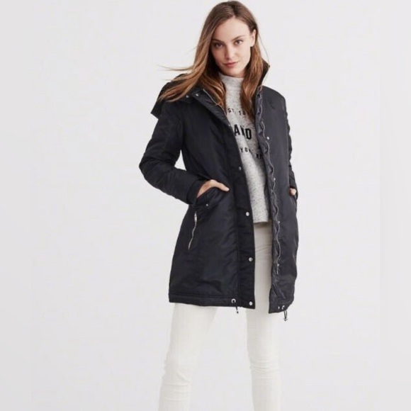 Abercrombie & Fitch S Black water wind resistant Luxe Nylon Parka Winter Coat - Picture 2 of 15